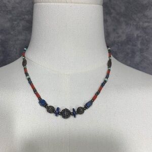Tribal Beaded Necklace Ethnic Boho Coral Red Blue Stone Turquoise Style Vintage